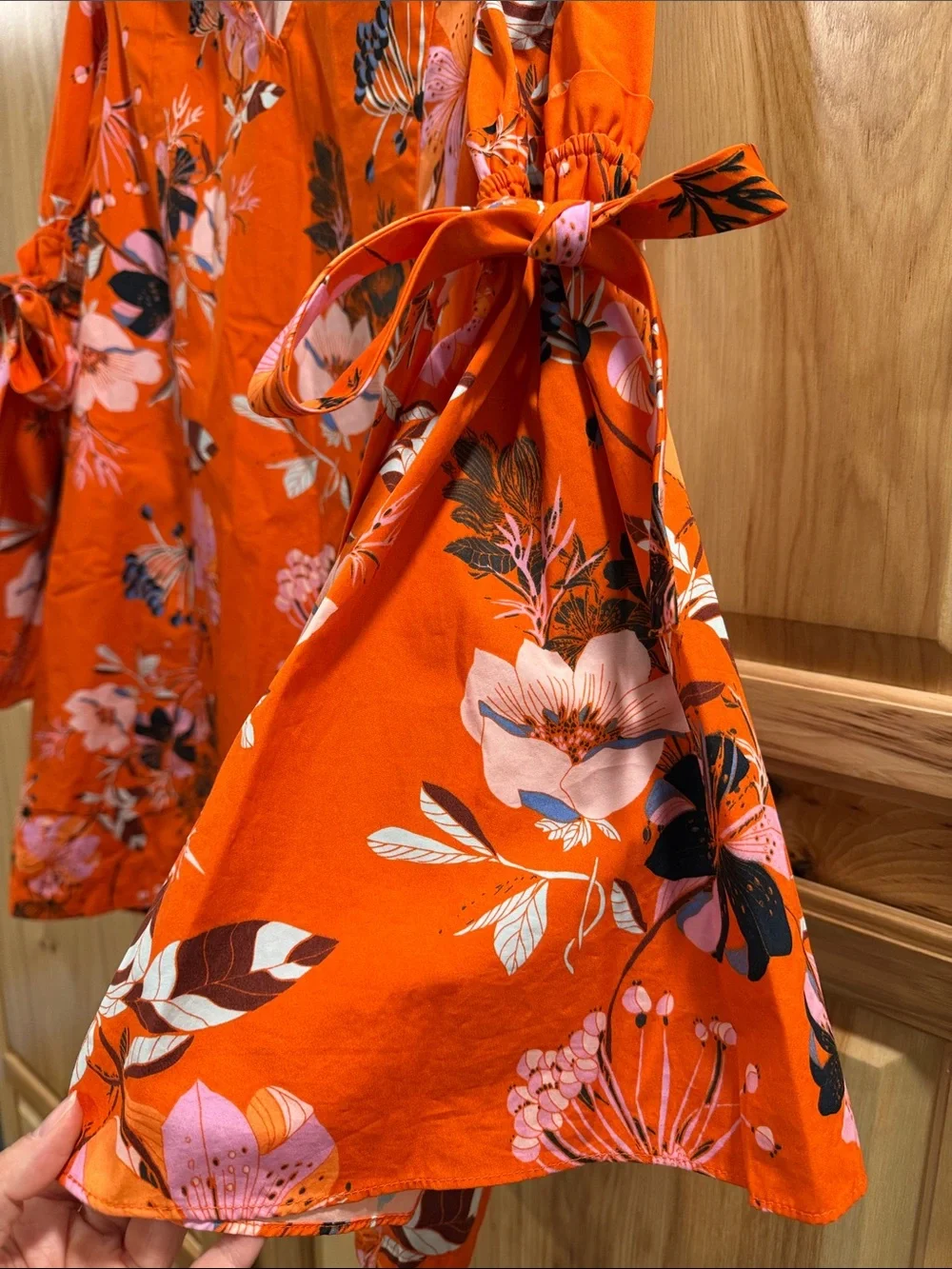 Free People Lover of Mine Orange Floral Botanical V-Neck Tie-Sleeve Mini Dress